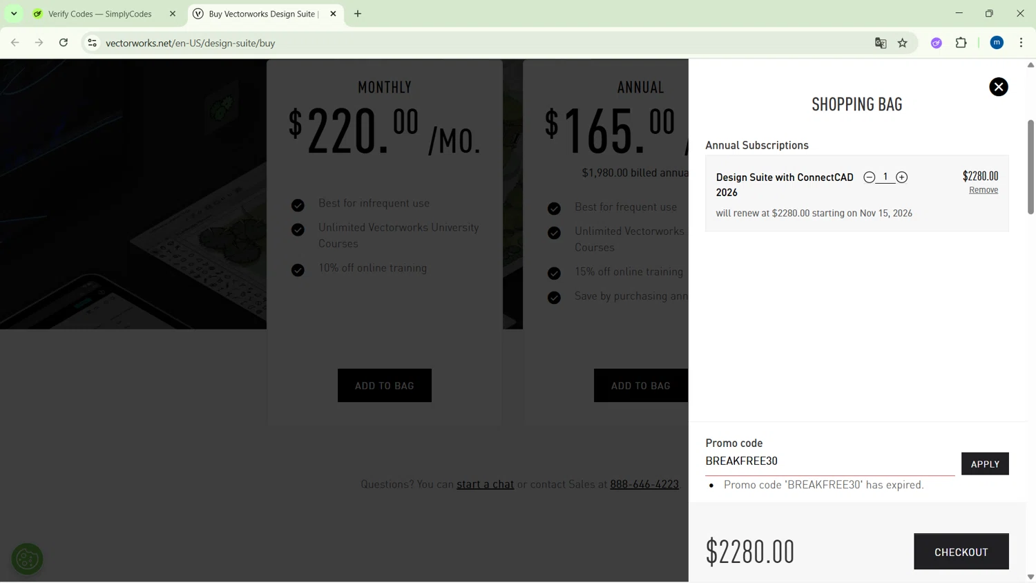 Vectorworks promo code screenshot showing code BREAKFREE30 applied at Vectorworks checkout page. Uploaded by SimplyCodes community member GloriousSpotter8024 on Nov 15, 2025