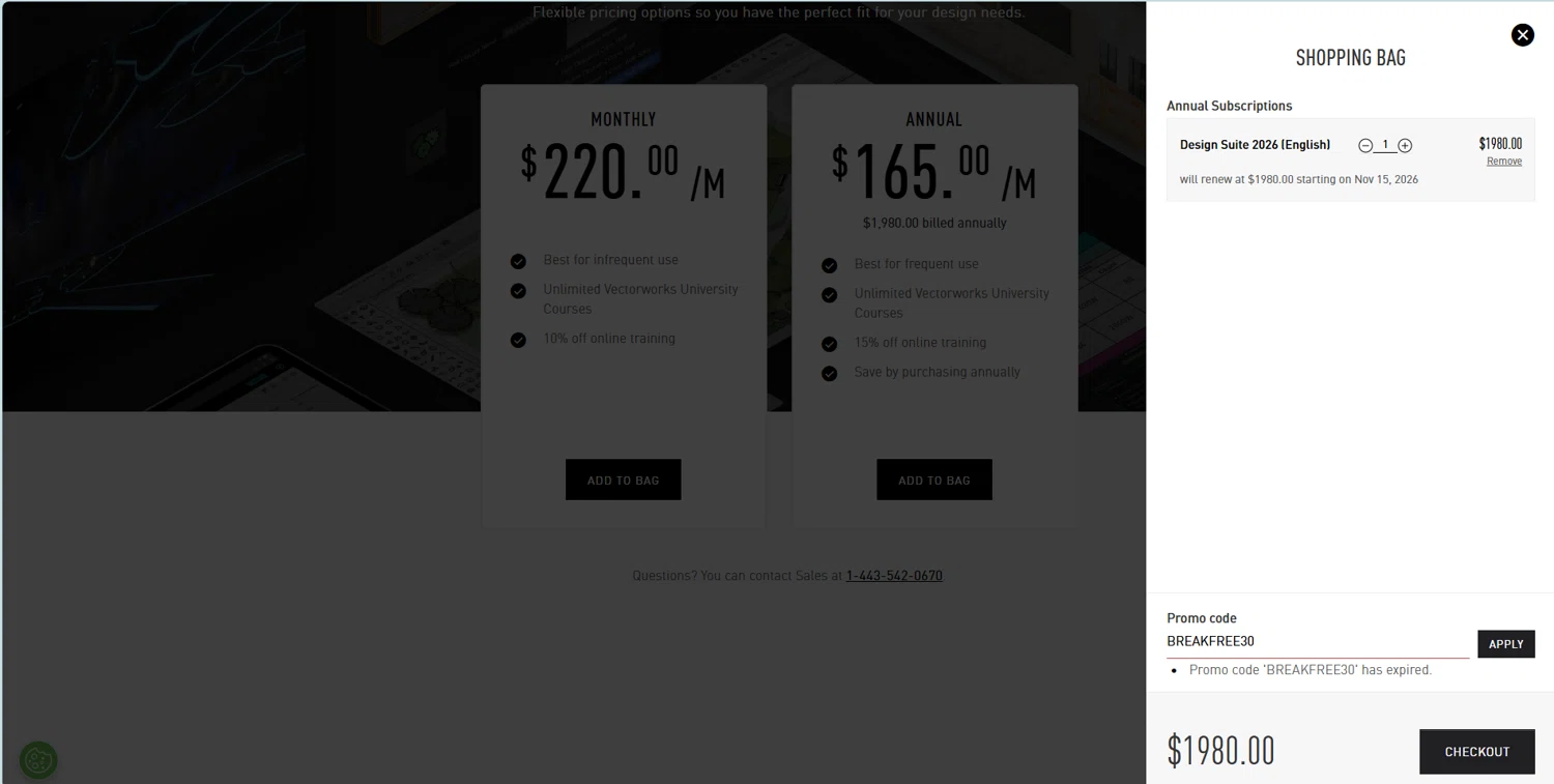 Vectorworks promo code screenshot showing code BREAKFREE30 applied at Vectorworks checkout page. Uploaded by SimplyCodes community member JAKEELDOG on Nov 15, 2025
