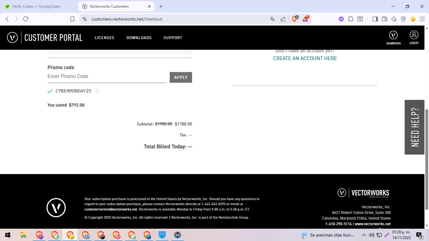 Vectorworks promo code screenshot showing code CYBERMONDAY25 applied at Vectorworks checkout page. Uploaded by SimplyCodes community member LegendaryFox4384 on Nov 14, 2025