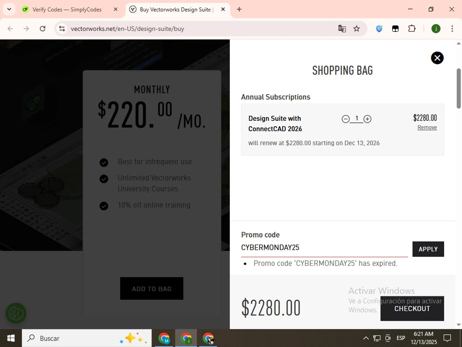 Vectorworks promo code screenshot showing code CYBERMONDAY25 applied at Vectorworks checkout page. Uploaded by SimplyCodes community member SavingsCollector2592 on Dec 13, 2025