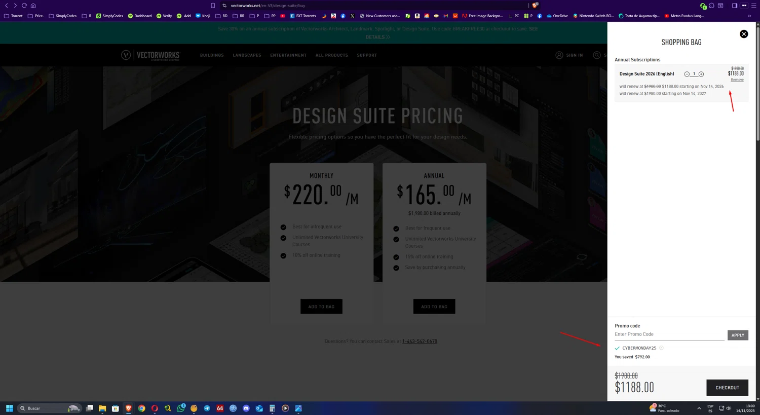 Vectorworks promo code screenshot showing code CYBERMONDAY25 applied at Vectorworks checkout page. Uploaded by SimplyCodes community member UnkNownVnzla on Nov 14, 2025