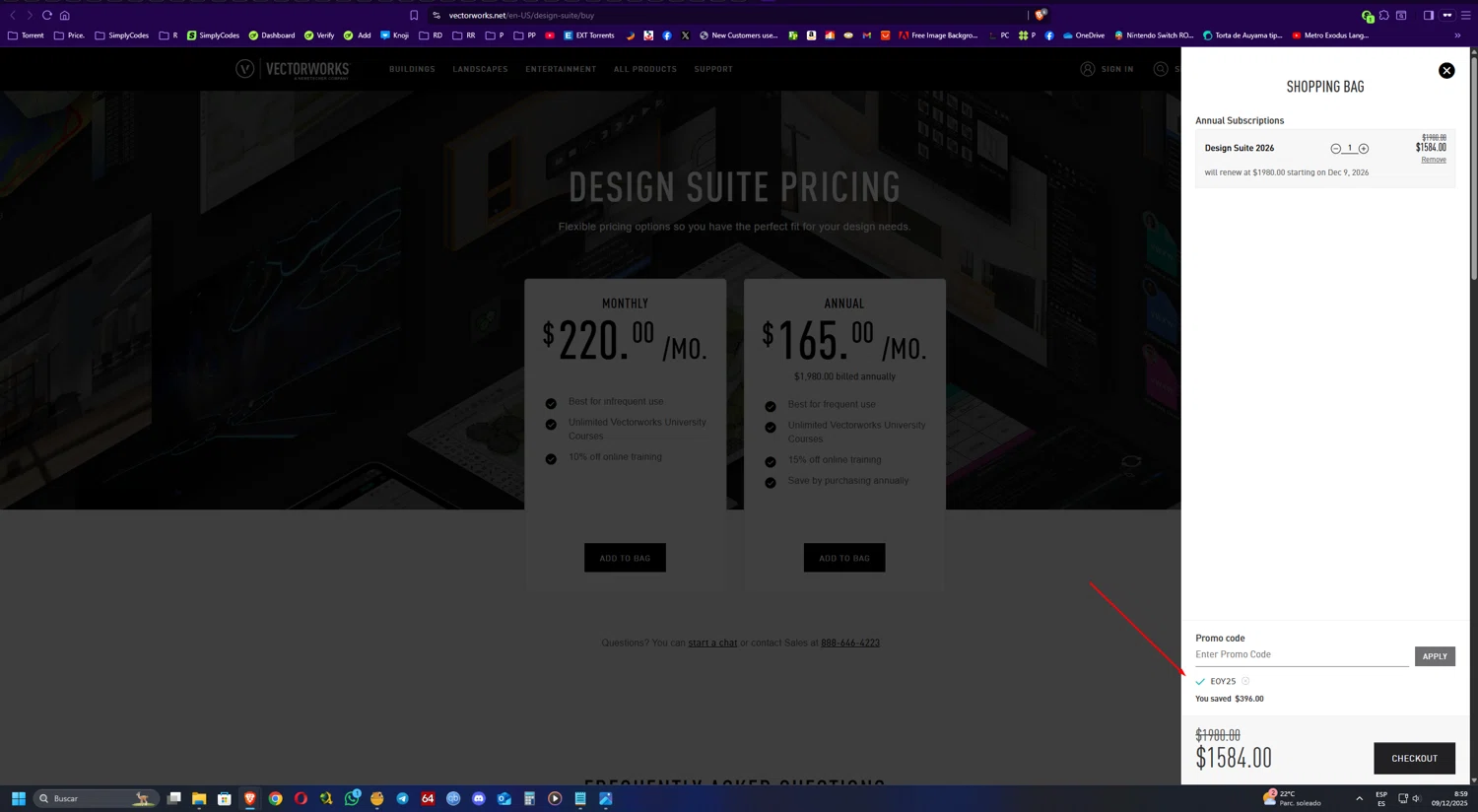 Vectorworks promo code screenshot showing code EOY25 applied at Vectorworks checkout page. Uploaded by SimplyCodes community member UnkNownVnzla on Dec 9, 2025