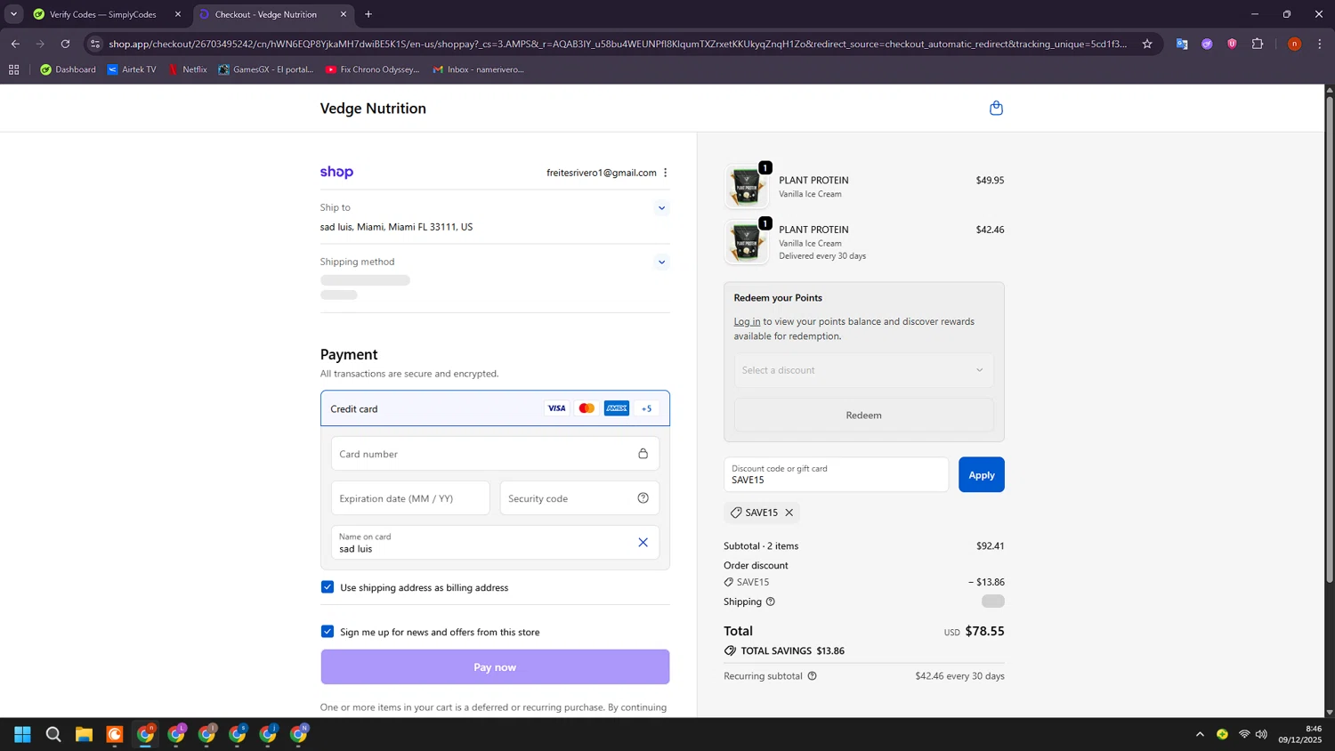 Vedge Nutrition discount code screenshot showing code SAVE15 applied at Vedge Nutrition checkout page. Uploaded by SimplyCodes community member BudgetShopper182 on Dec 9, 2025