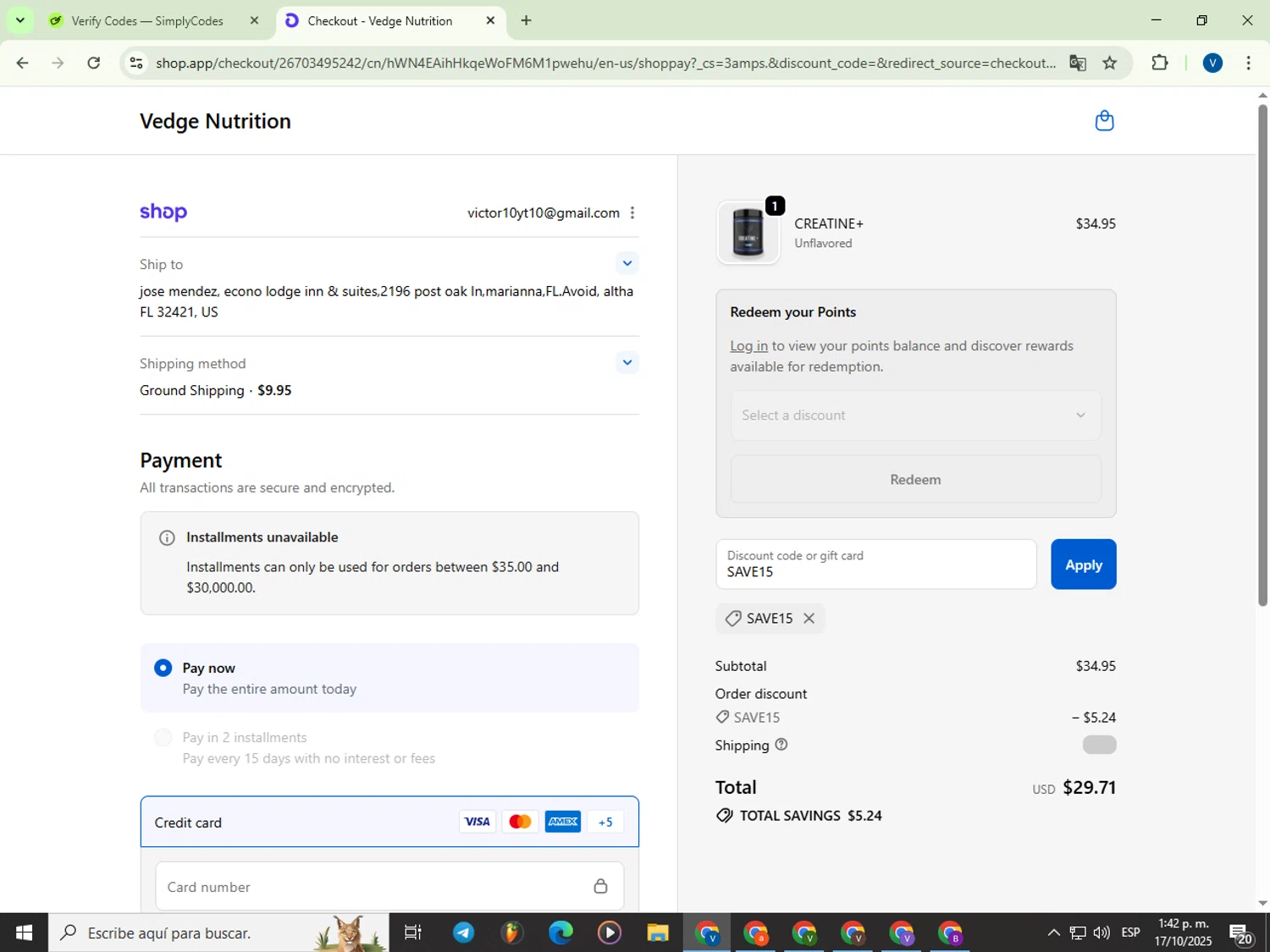Vedge Nutrition discount code screenshot showing code SAVE15 applied at Vedge Nutrition checkout page. Uploaded by SimplyCodes community member Garou_Y2K on Oct 17, 2025