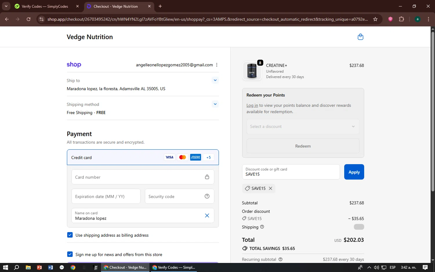 Vedge Nutrition discount code screenshot showing code SAVE15 applied at Vedge Nutrition checkout page. Uploaded by SimplyCodes community member zizu55 on Oct 26, 2025