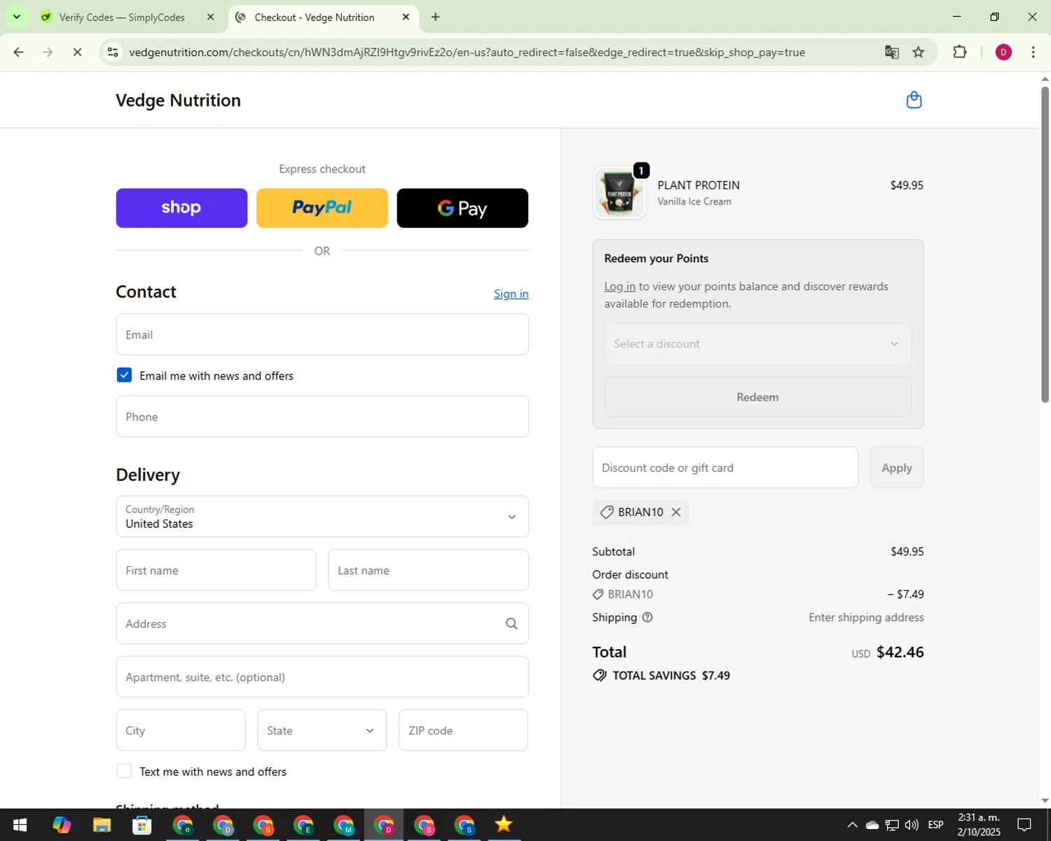 Vedge Nutrition discount code screenshot showing code BRIAN10 applied at Vedge Nutrition checkout page. Uploaded by SimplyCodes community member 000012 on Oct 2, 2025