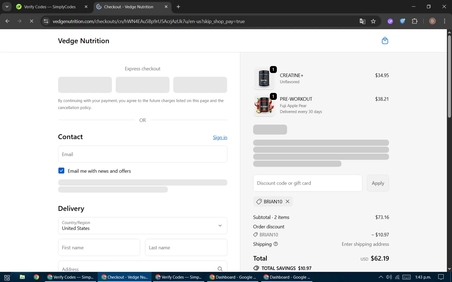 Vedge Nutrition discount code screenshot showing code BRIAN10 applied at Vedge Nutrition checkout page. Uploaded by SimplyCodes community member BrilliantWizard8884 on Oct 17, 2025
