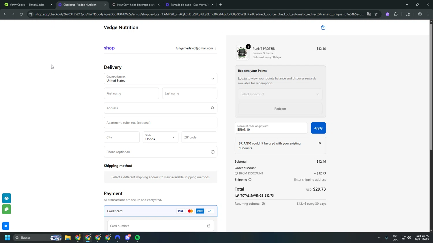 Vedge Nutrition discount code screenshot showing code BRIAN10 applied at Vedge Nutrition checkout page. Uploaded by SimplyCodes community member sfdfgdsfgdfgdfg on Nov 28, 2025