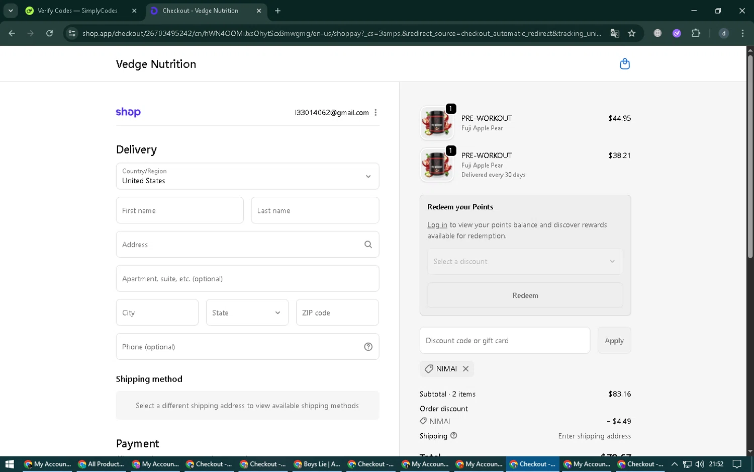Vedge Nutrition discount code screenshot showing code Nimai applied at Vedge Nutrition checkout page. Uploaded by SimplyCodes community member CrownPioneer7685 on Oct 22, 2025