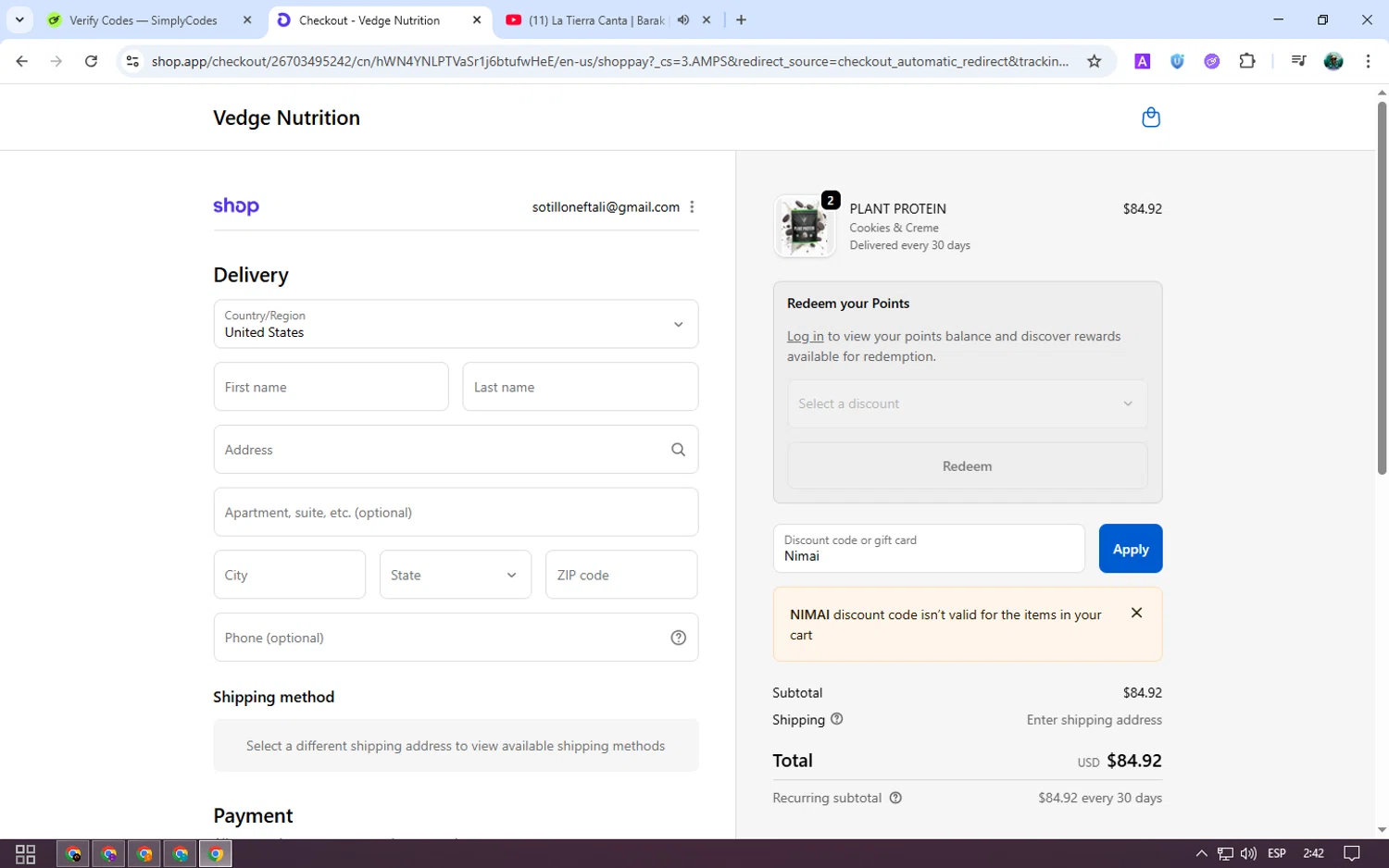 Vedge Nutrition discount code screenshot showing code Nimai applied at Vedge Nutrition checkout page. Uploaded by SimplyCodes community member neurioandrades on Oct 26, 2025