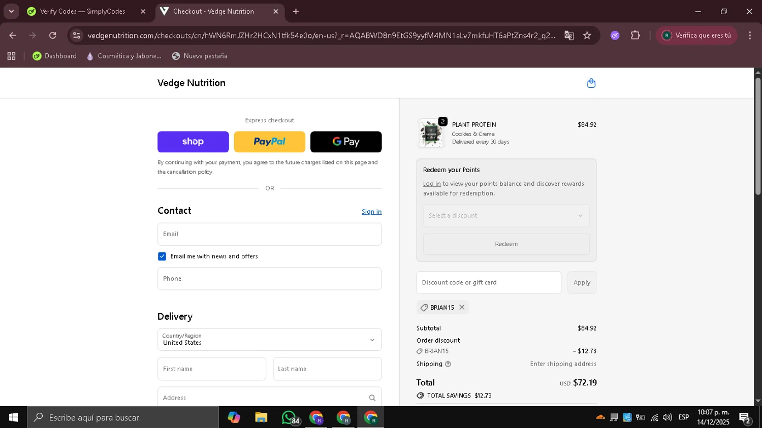 Vedge Nutrition discount code screenshot showing code BRIAN15 applied at Vedge Nutrition checkout page. Uploaded by SimplyCodes community member Coneflavols on Dec 15, 2025