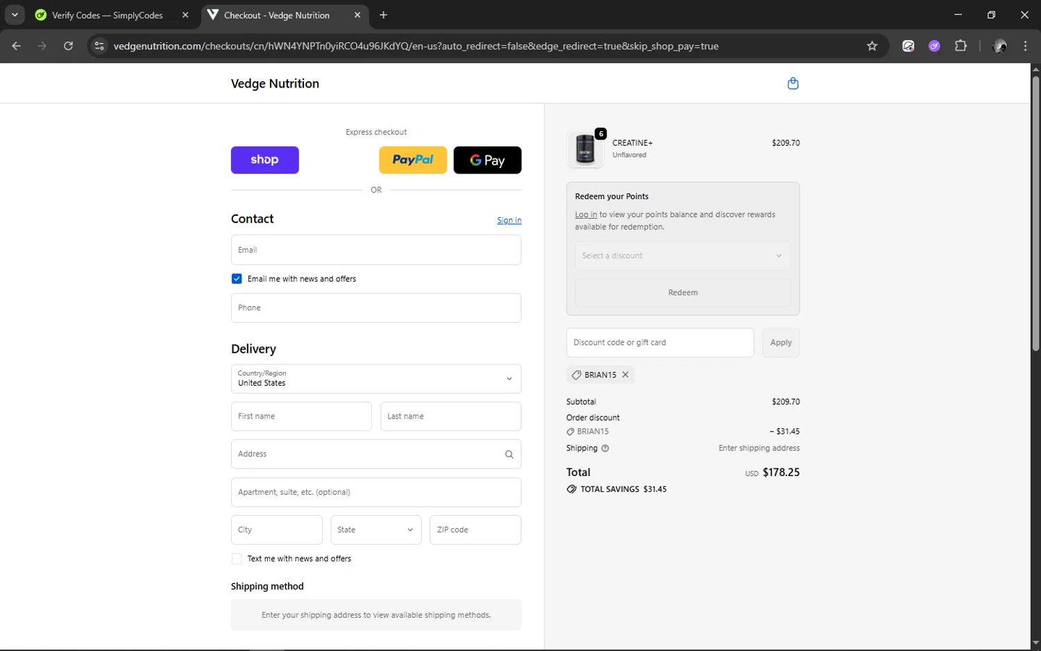 Vedge Nutrition discount code screenshot showing code BRIAN15 applied at Vedge Nutrition checkout page. Uploaded by SimplyCodes community member ELMARRON on Oct 26, 2025