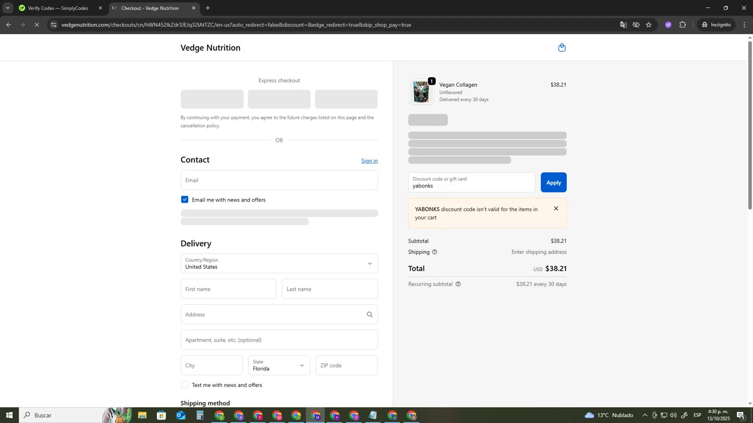 Vedge Nutrition discount code screenshot showing code yabonks applied at Vedge Nutrition checkout page. Uploaded by SimplyCodes community member CRF250CC on Oct 13, 2025