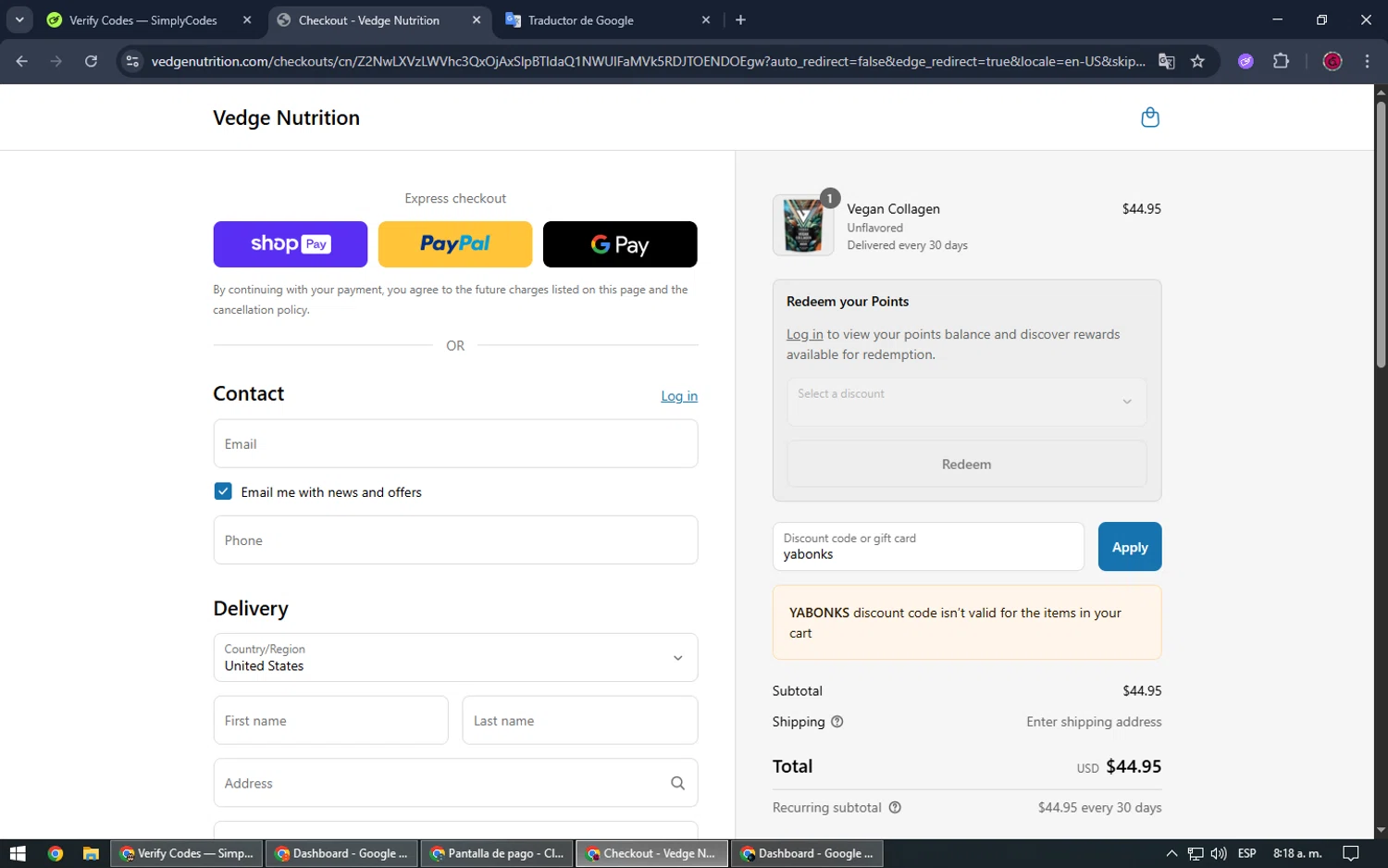 Vedge Nutrition discount code screenshot showing code yabonks applied at Vedge Nutrition checkout page. Uploaded by SimplyCodes community member SrSolomon on Jul 4, 2025