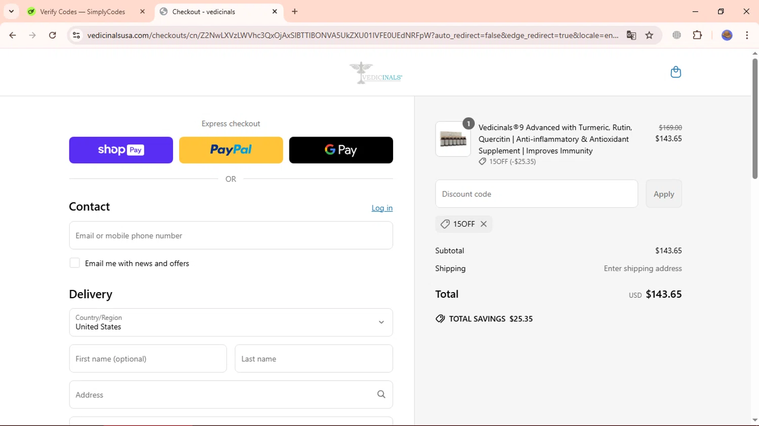 Vedicinals promo code screenshot showing code 15OFF applied at Vedicinals checkout page. Uploaded by SimplyCodes community member ExtraordinaryBoss3426 on Mar 20, 2025