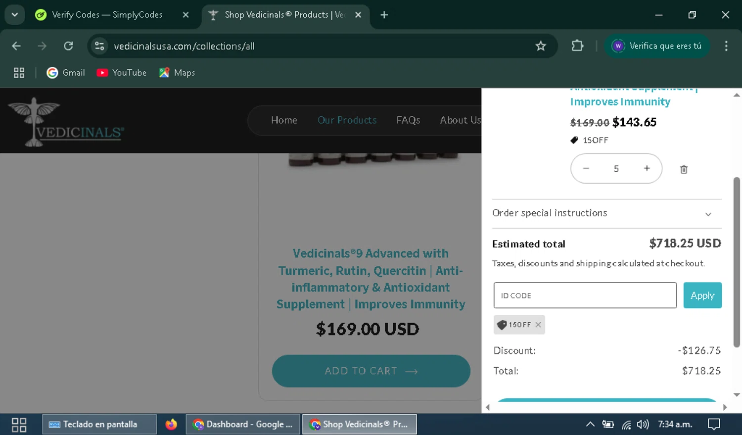 Vedicinals promo code screenshot showing code 15OFF applied at Vedicinals checkout page. Uploaded by SimplyCodes community member wuilmasoncoronado on Apr 18, 2025