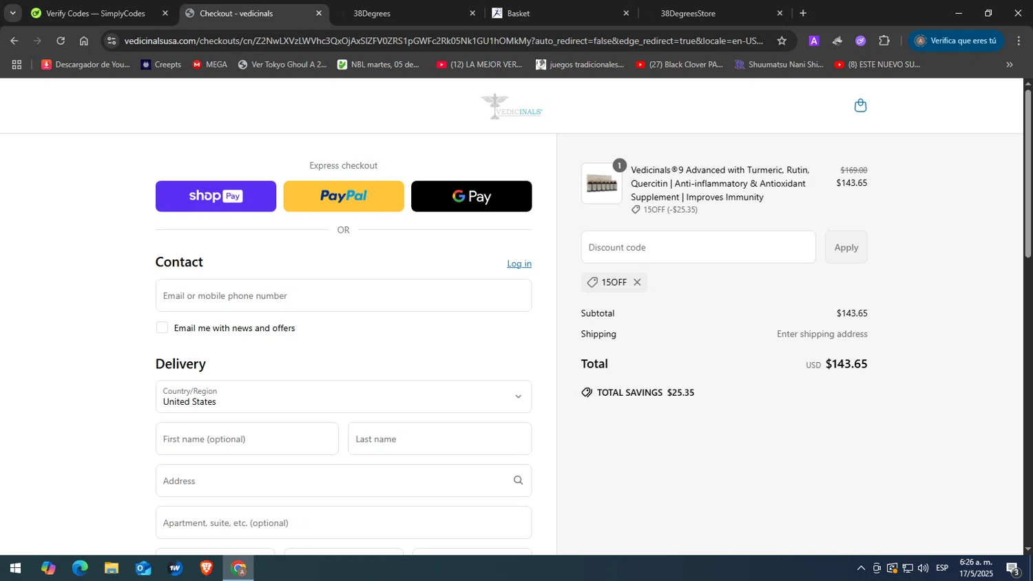 Vedicinals promo code screenshot showing code 15OFF applied at Vedicinals checkout page. Uploaded by SimplyCodes community member yasabesssss on May 17, 2025