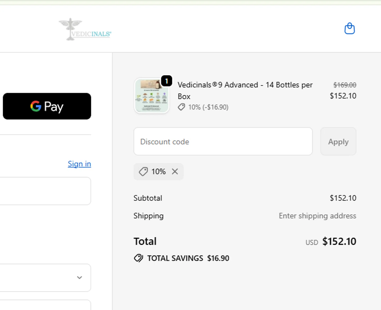 Vedicinals promo code screenshot showing code 10% applied at Vedicinals checkout page. Uploaded by SimplyCodes community member CouponLion324 on Sep 27, 2025