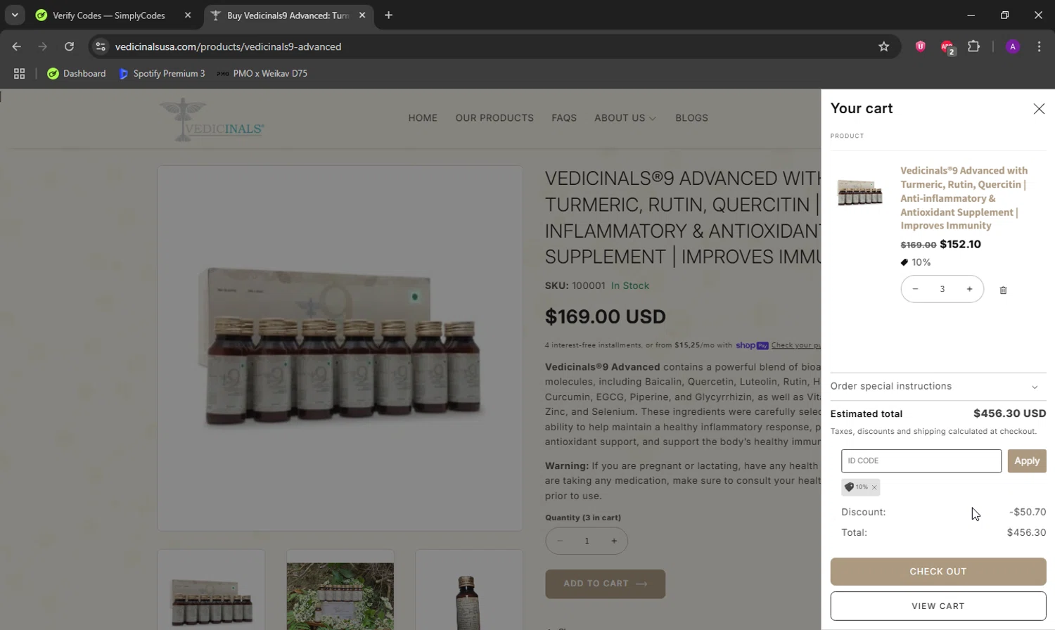 Vedicinals promo code screenshot showing code 10% applied at Vedicinals checkout page. Uploaded by SimplyCodes community member DeathBone on Jul 31, 2025