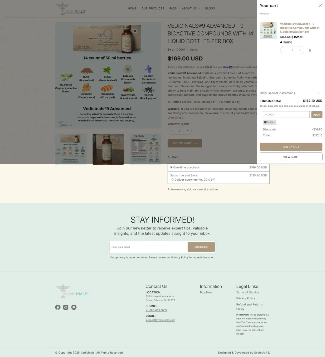 Vedicinals promo code screenshot showing code FHR10 applied at Vedicinals checkout page. Uploaded by SimplyCodes community member DealEagle3415 on Oct 9, 2025