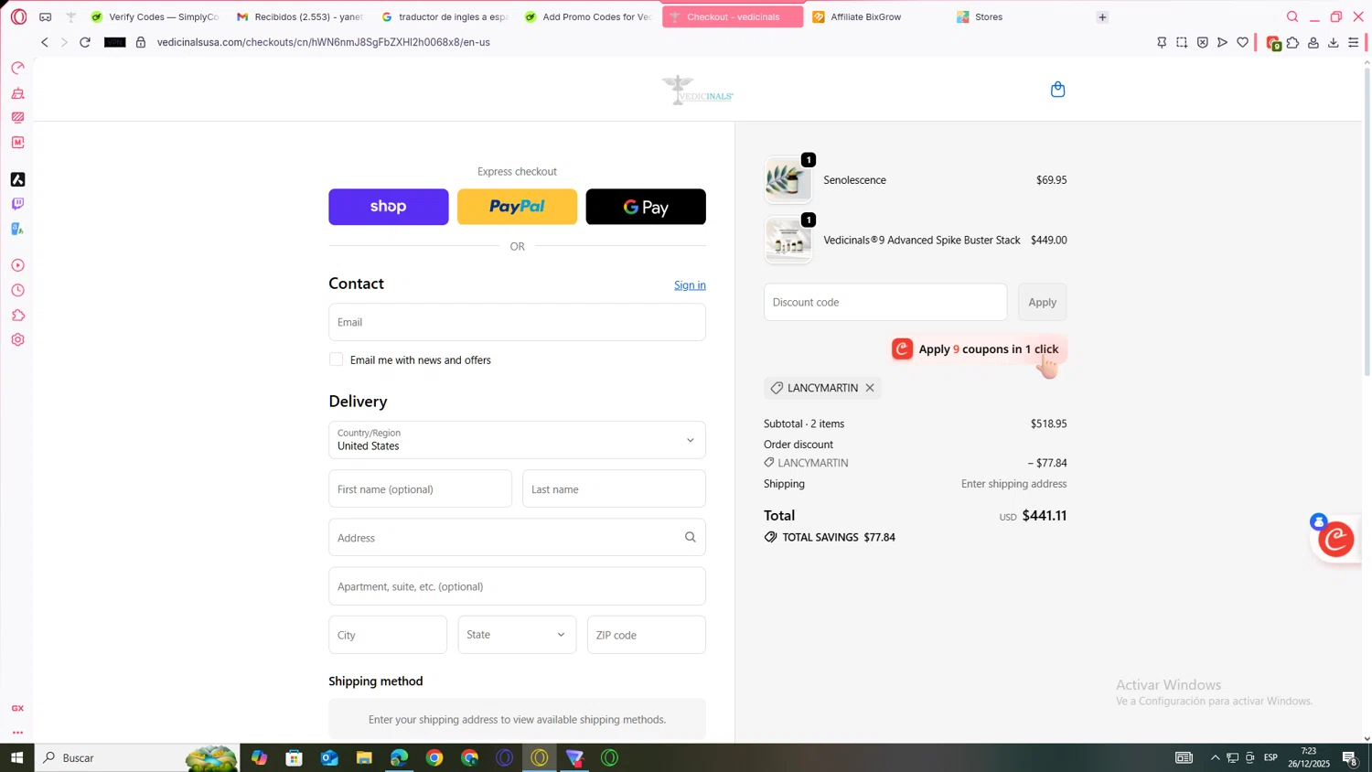 Vedicinals promo code screenshot showing code LANCYMARTIN applied at Vedicinals checkout page. Uploaded by SimplyCodes community member JEUGENIO on Dec 26, 2025
