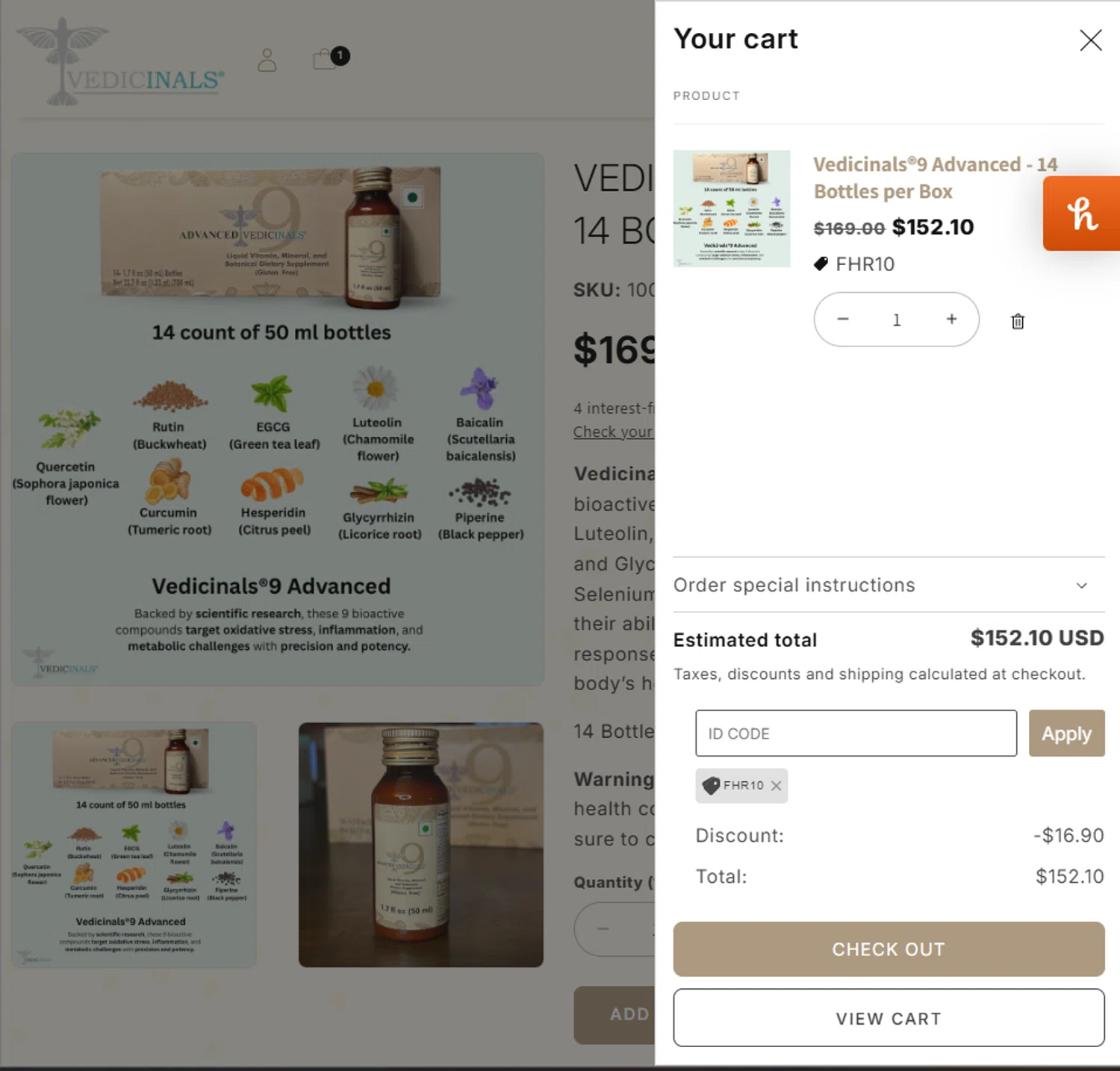 Vedicinals promo code screenshot showing code FHR10 applied at Vedicinals checkout page. Uploaded by SimplyCodes community member PillarsofCreation on Sep 10, 2025