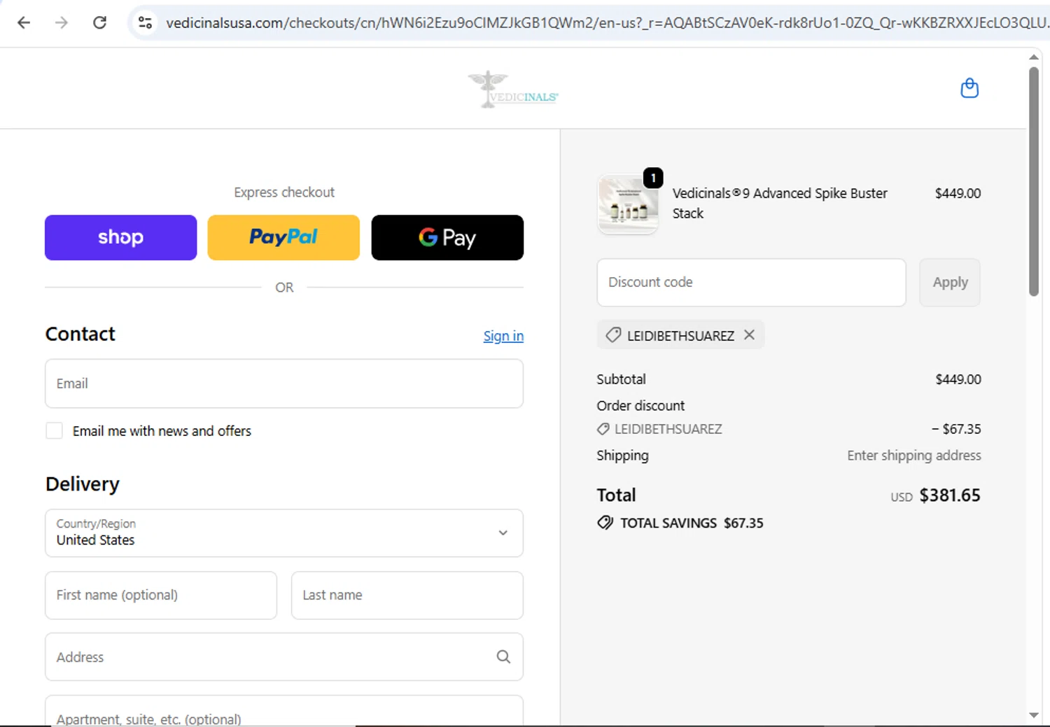 Vedicinals promo code screenshot showing code LEIDIBETHSUAREZ applied at Vedicinals checkout page. Uploaded by SimplyCodes community member jackthomson on Dec 22, 2025