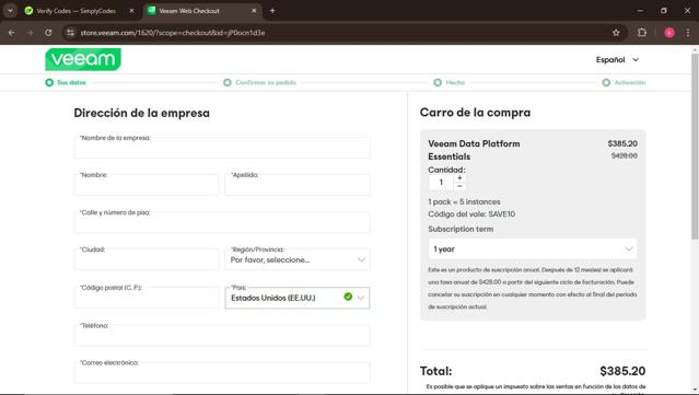 Veeam checkout page showing Veeam coupon code box | Screenshot taken by SimplyCodes community member on Jan 4, 2025