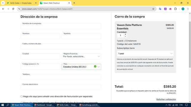 Veeam checkout page showing Veeam coupon code box | Screenshot taken by SimplyCodes community member on Jan 28, 2025
