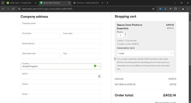 Veeam checkout page showing Veeam coupon code box | Screenshot taken by SimplyCodes community member on Jan 10, 2025