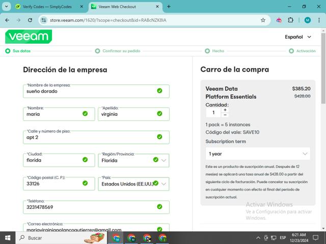 Veeam checkout page showing Veeam coupon code box | Screenshot taken by SimplyCodes community member on Dec 23, 2024