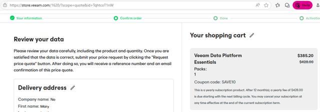 Veeam checkout page showing Veeam coupon code box | Screenshot taken by SimplyCodes community member on Feb 3, 2025