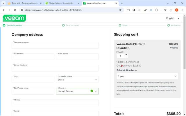 Veeam checkout page showing Veeam coupon code box | Screenshot taken by SimplyCodes community member on Jan 16, 2025