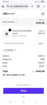 VEE COLLECTIVE coupon verification screenshot