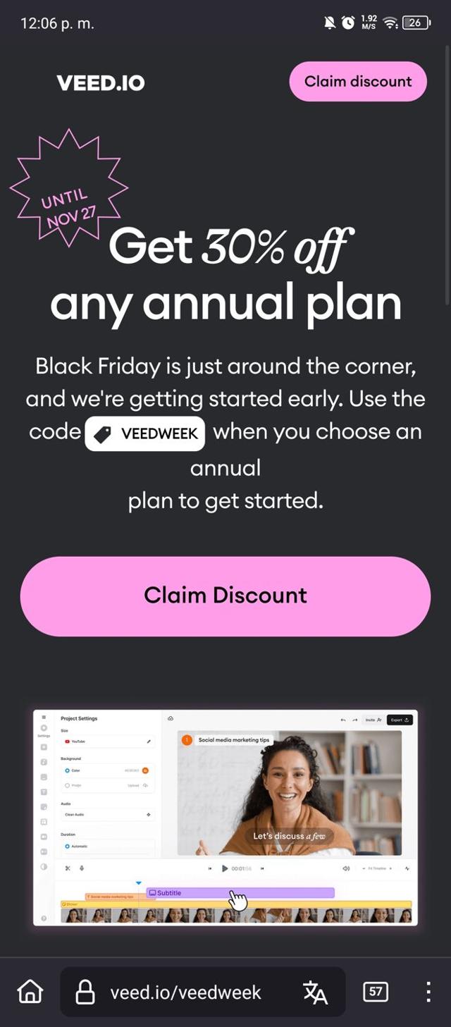 VEED checkout page showing VEED discount code box | Screenshot taken by SimplyCodes community member on Oct 17, 2024
