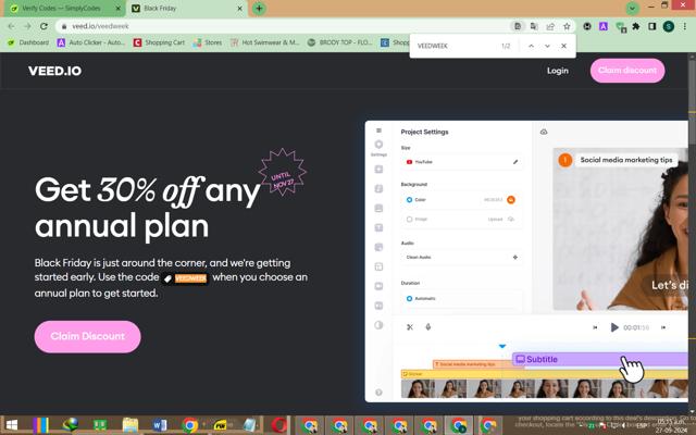VEED checkout page showing VEED discount code box | Screenshot taken by SimplyCodes community member on Sep 27, 2024