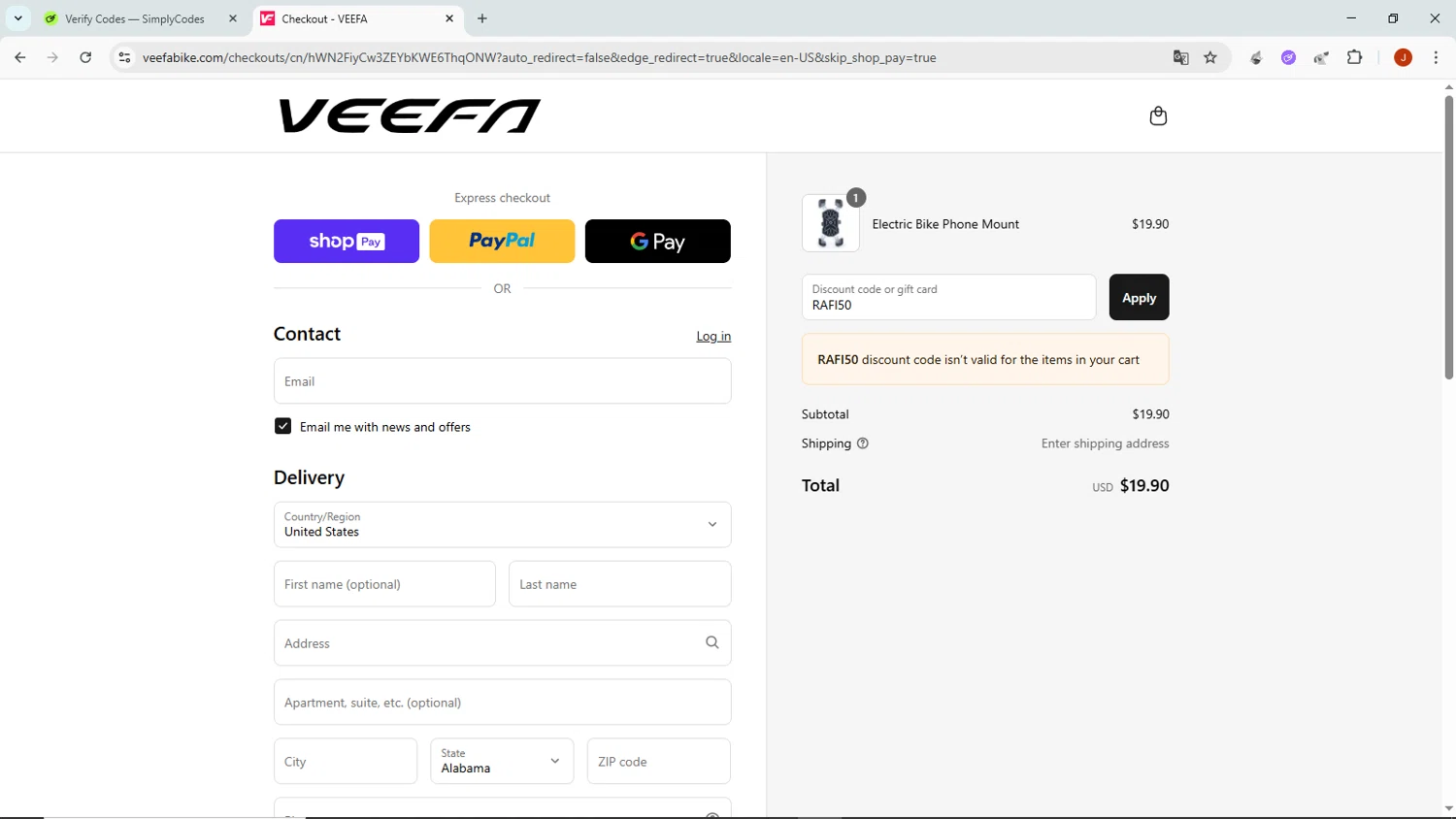 Veefa promo code screenshot showing code RAFI50 applied at Veefa checkout page. Uploaded by SimplyCodes community member NobleMaven802 on Aug 26, 2025