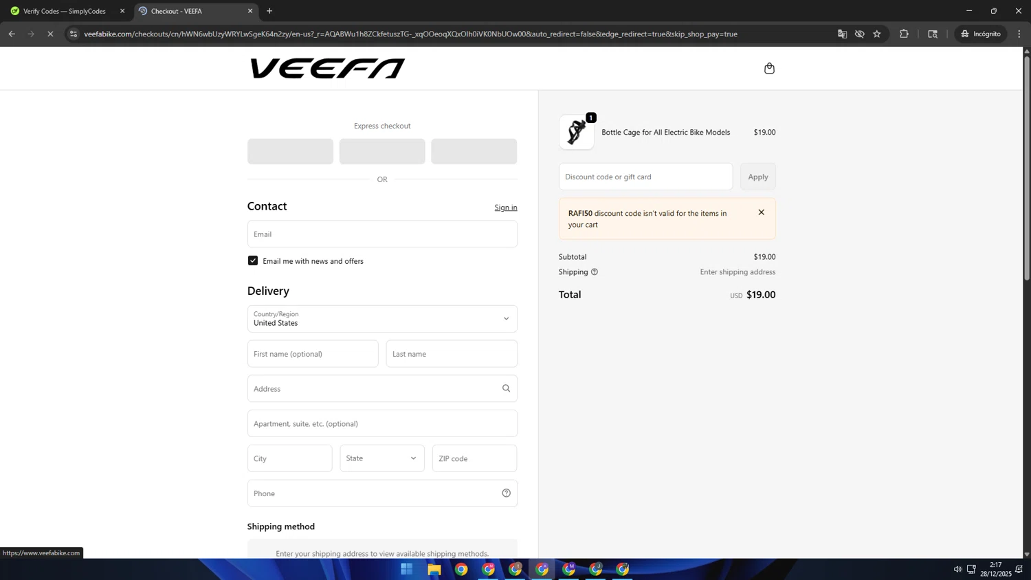 Veefa promo code screenshot showing code RAFI50 applied at Veefa checkout page. Uploaded by SimplyCodes community member SAKURA on Dec 28, 2025