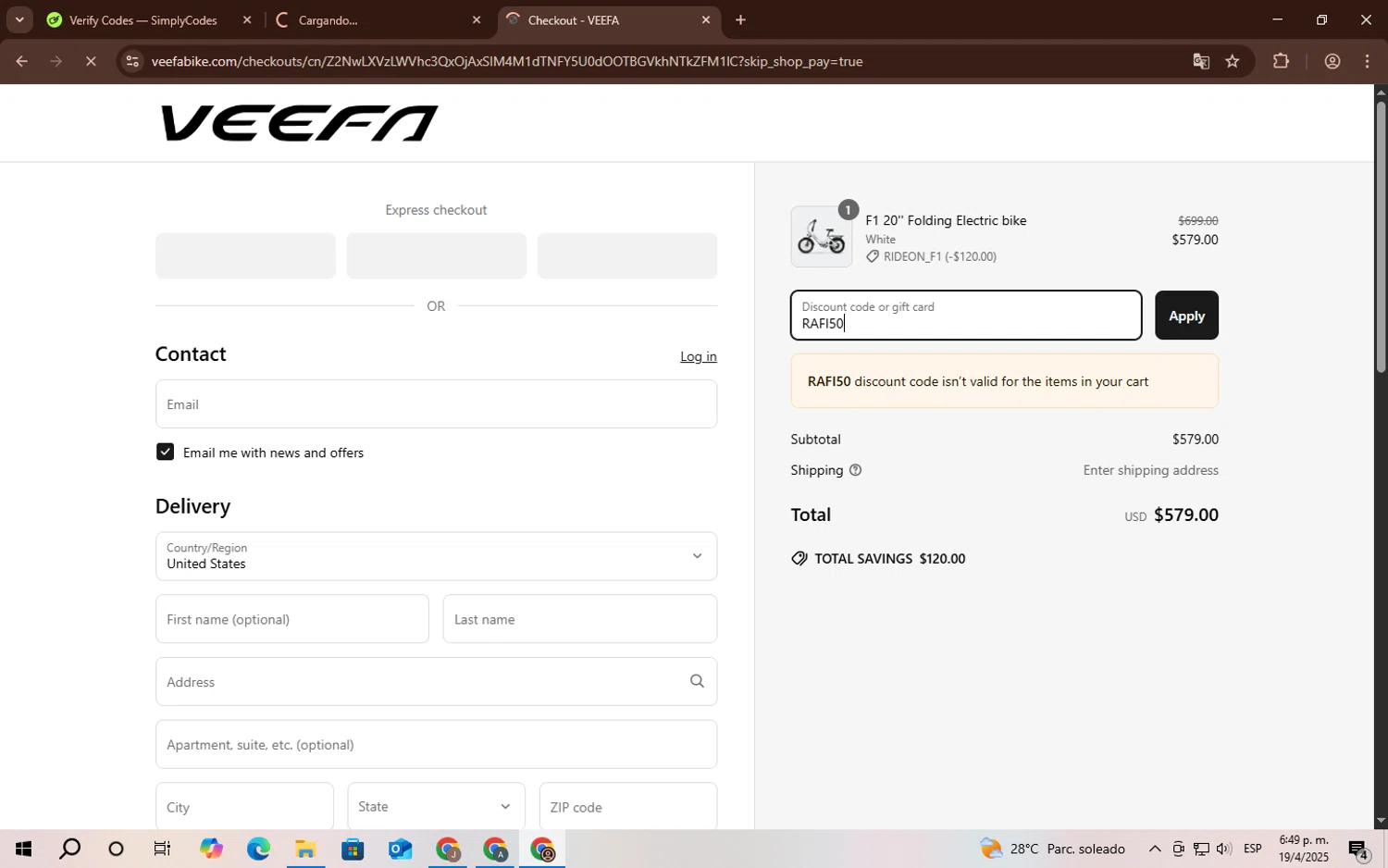 Veefa promo code screenshot showing code RAFI50 applied at Veefa checkout page. Uploaded by SimplyCodes community member CashLynx4610 on Apr 19, 2025