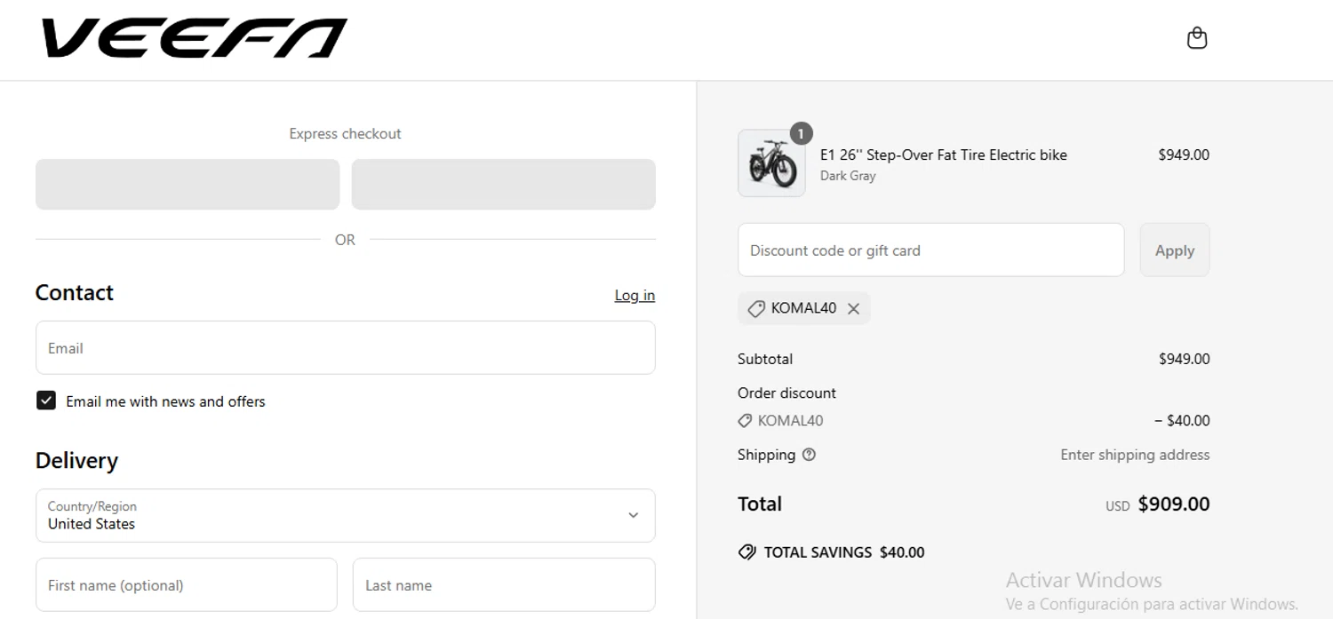 Veefa promo code screenshot showing code KOMAL40 applied at Veefa checkout page. Uploaded by SimplyCodes community member Powerrangerazul on Jun 15, 2025