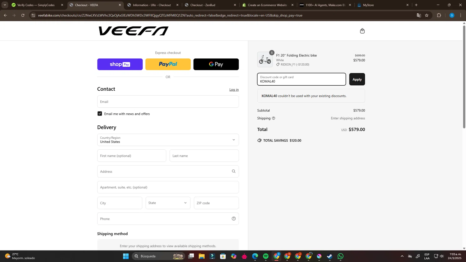 Veefa promo code screenshot showing code KOMAL40 applied at Veefa checkout page. Uploaded by SimplyCodes community member SalvadorC1 on Mar 24, 2025
