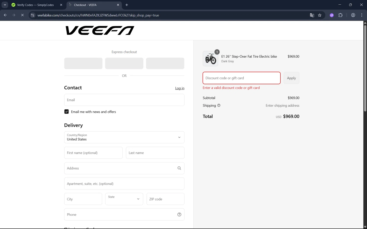 Veefa promo code screenshot showing code R10 applied at Veefa checkout page. Uploaded by SimplyCodes community member juan1702 on Jul 22, 2025