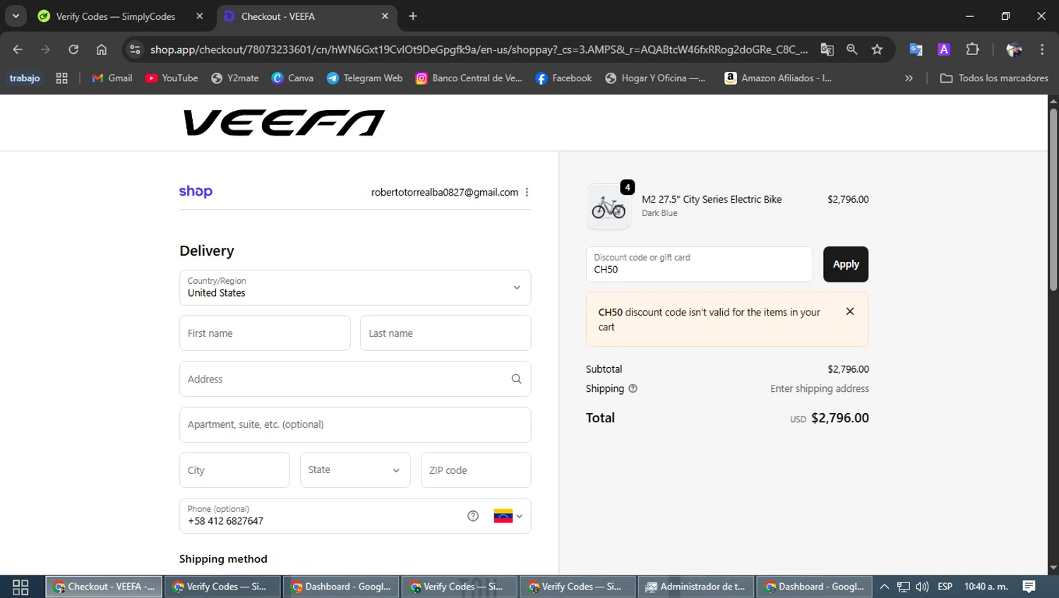 Veefa promo code screenshot showing code CH50 applied at Veefa checkout page. Uploaded by SimplyCodes community member alfredohernandez on Dec 10, 2025