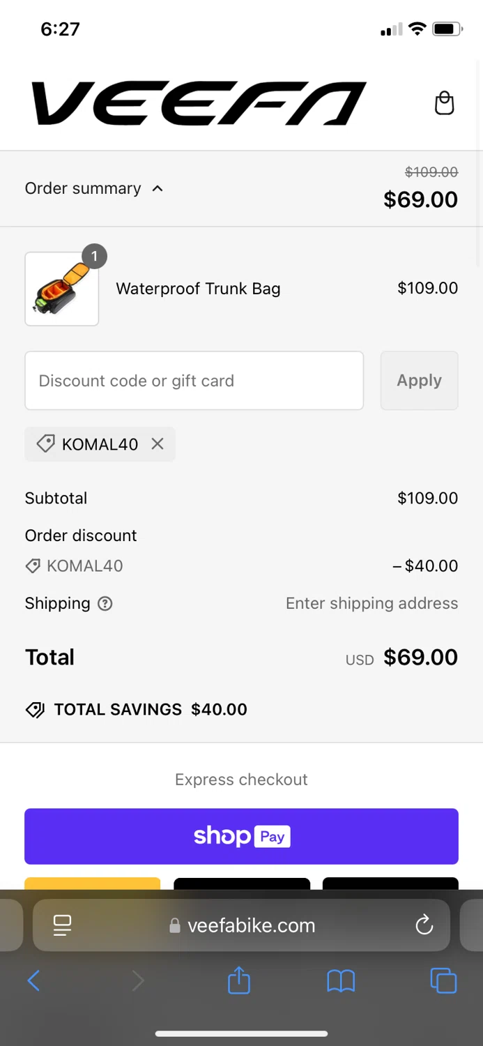 Veefa promo code screenshot showing code KOMAL40 applied at Veefa checkout page. Uploaded by SimplyCodes community member edrodriguez on Feb 2, 2025