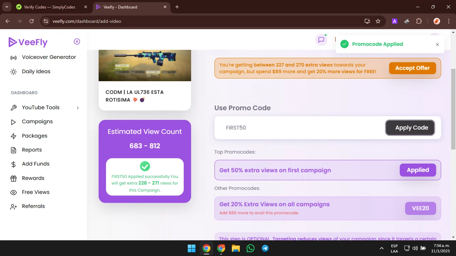 Veefly checkout page showing Veefly promo code box | Screenshot taken by SimplyCodes community member on Jan 11, 2025