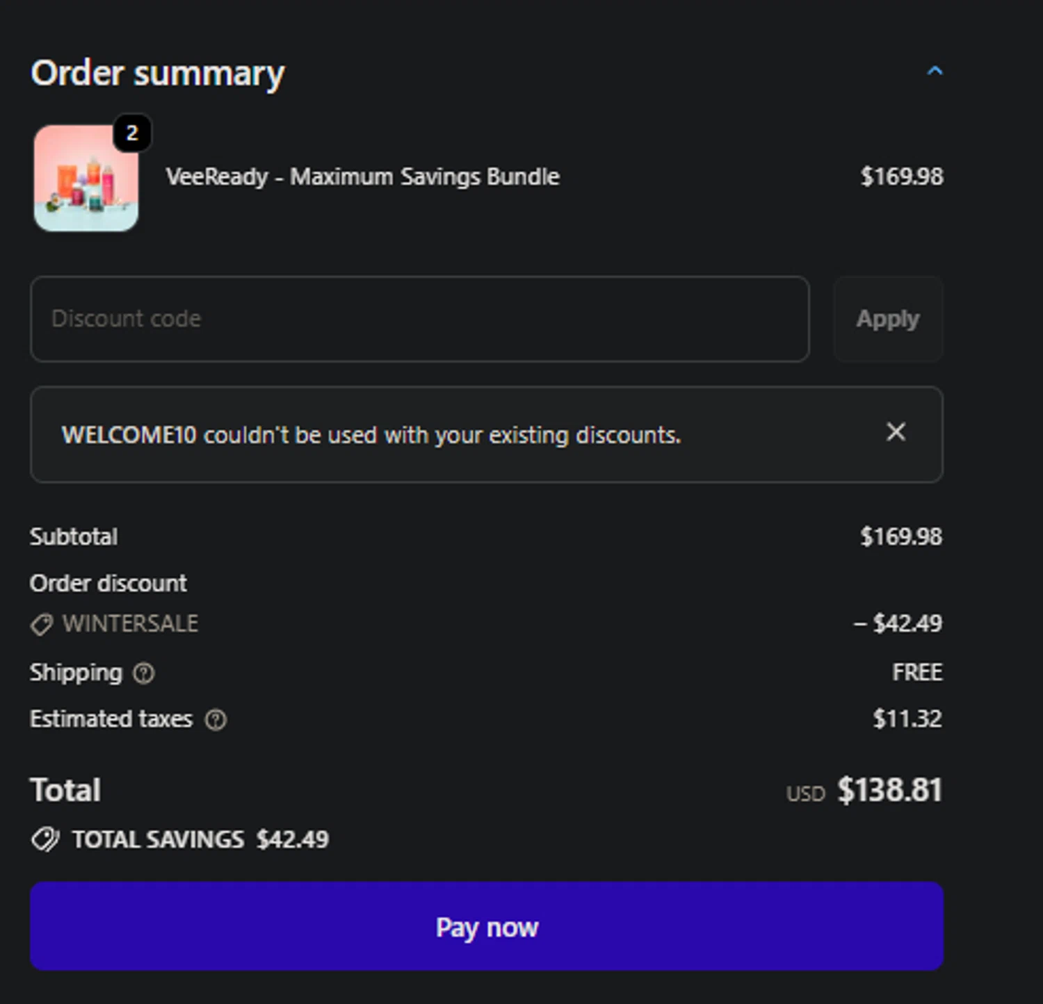 VeeFresh discount code screenshot showing code WELCOME10 applied at VeeFresh checkout page. Uploaded by SimplyCodes community member PedroNavaja on Jan 2, 2026
