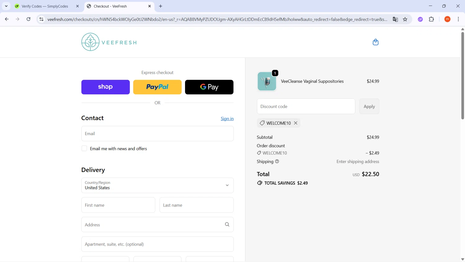 VeeFresh discount code screenshot showing code WELCOME10 applied at VeeFresh checkout page. Uploaded by SimplyCodes community member PromoMonarch895 on Nov 9, 2025
