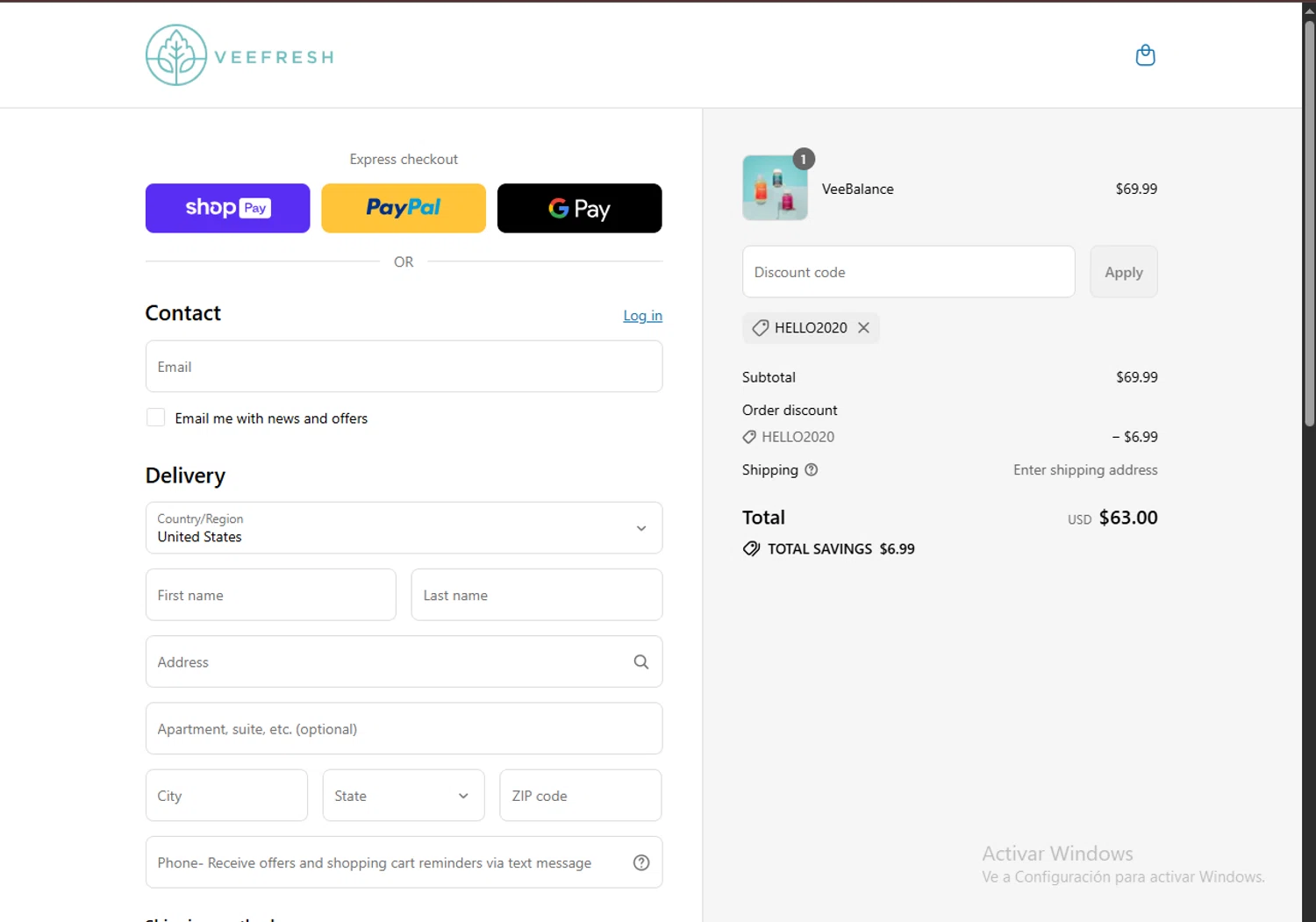 VeeFresh discount code screenshot showing code HELLO2020 applied at VeeFresh checkout page. Uploaded by SimplyCodes community member CouponPro7532 on Aug 12, 2025