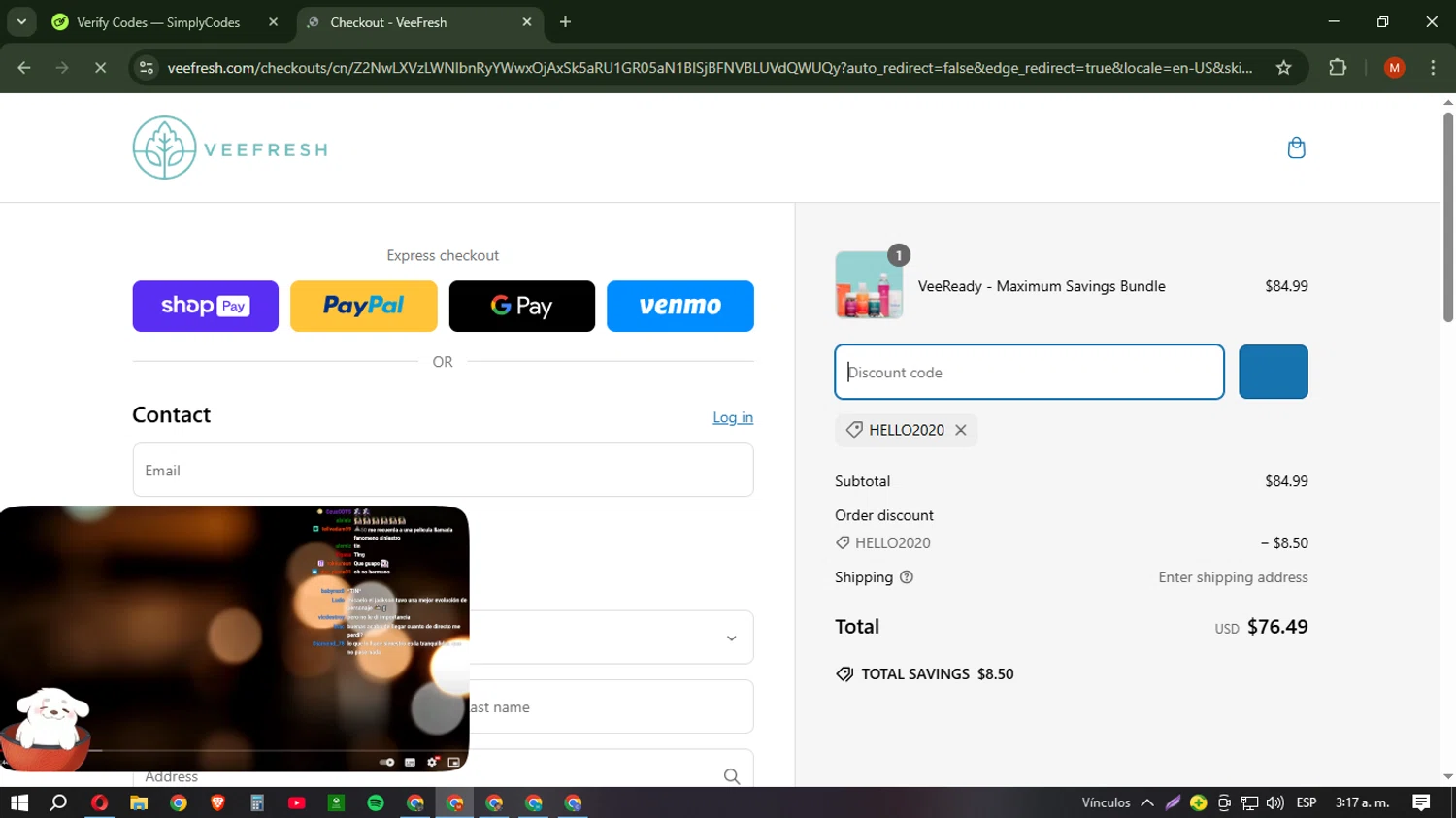 VeeFresh discount code screenshot showing code HELLO2020 applied at VeeFresh checkout page. Uploaded by SimplyCodes community member NobleSentinel6058 on Mar 10, 2025