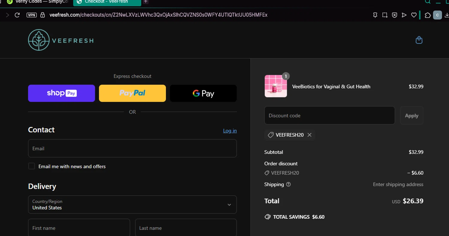 VeeFresh discount code screenshot showing code VEEFRESH20 applied at VeeFresh checkout page. Uploaded by SimplyCodes community member chepipi on Jun 9, 2025